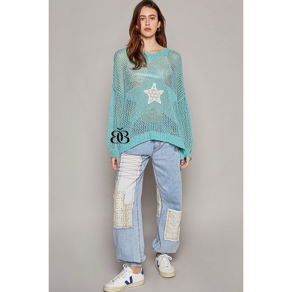 POL Blue Oversized Open Knit Sweater with Center Star Patch - Picture 8 of 11